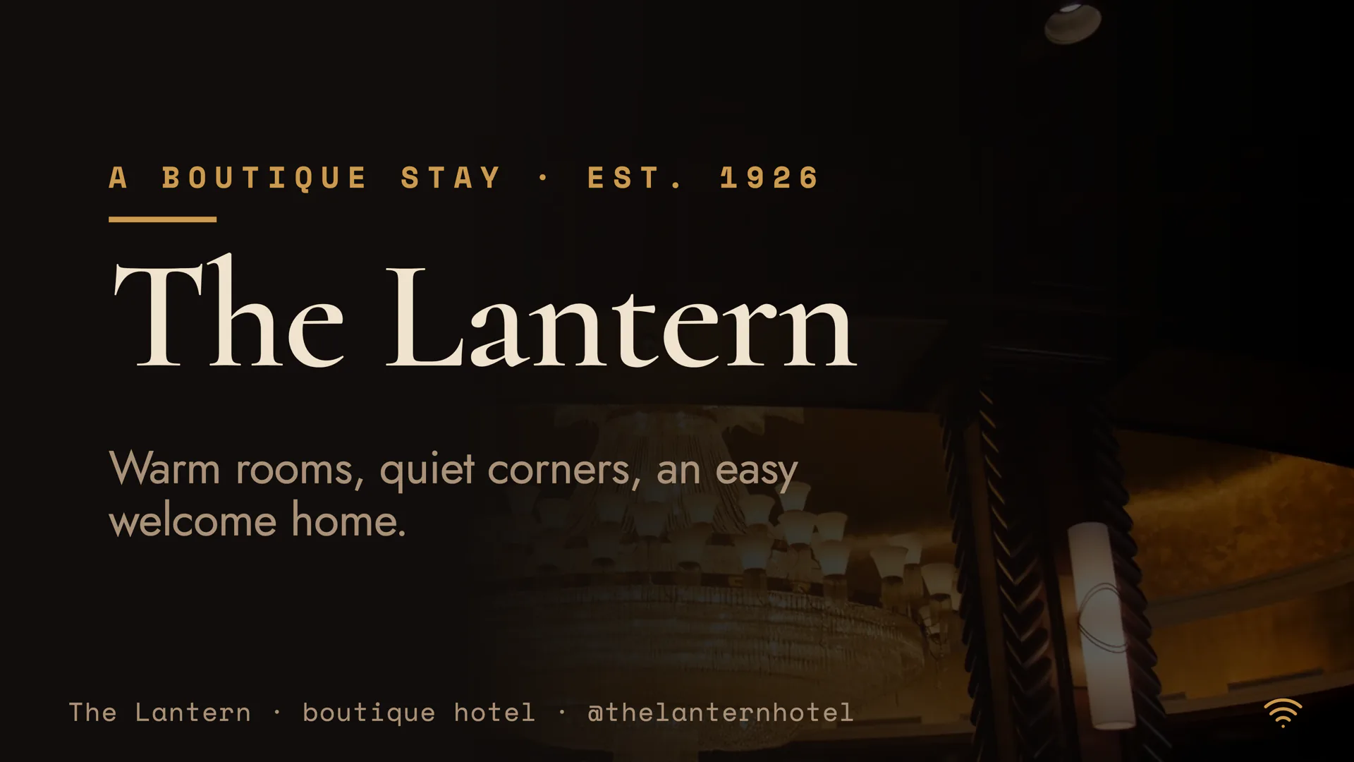A boutique hotel welcome board on a TV
