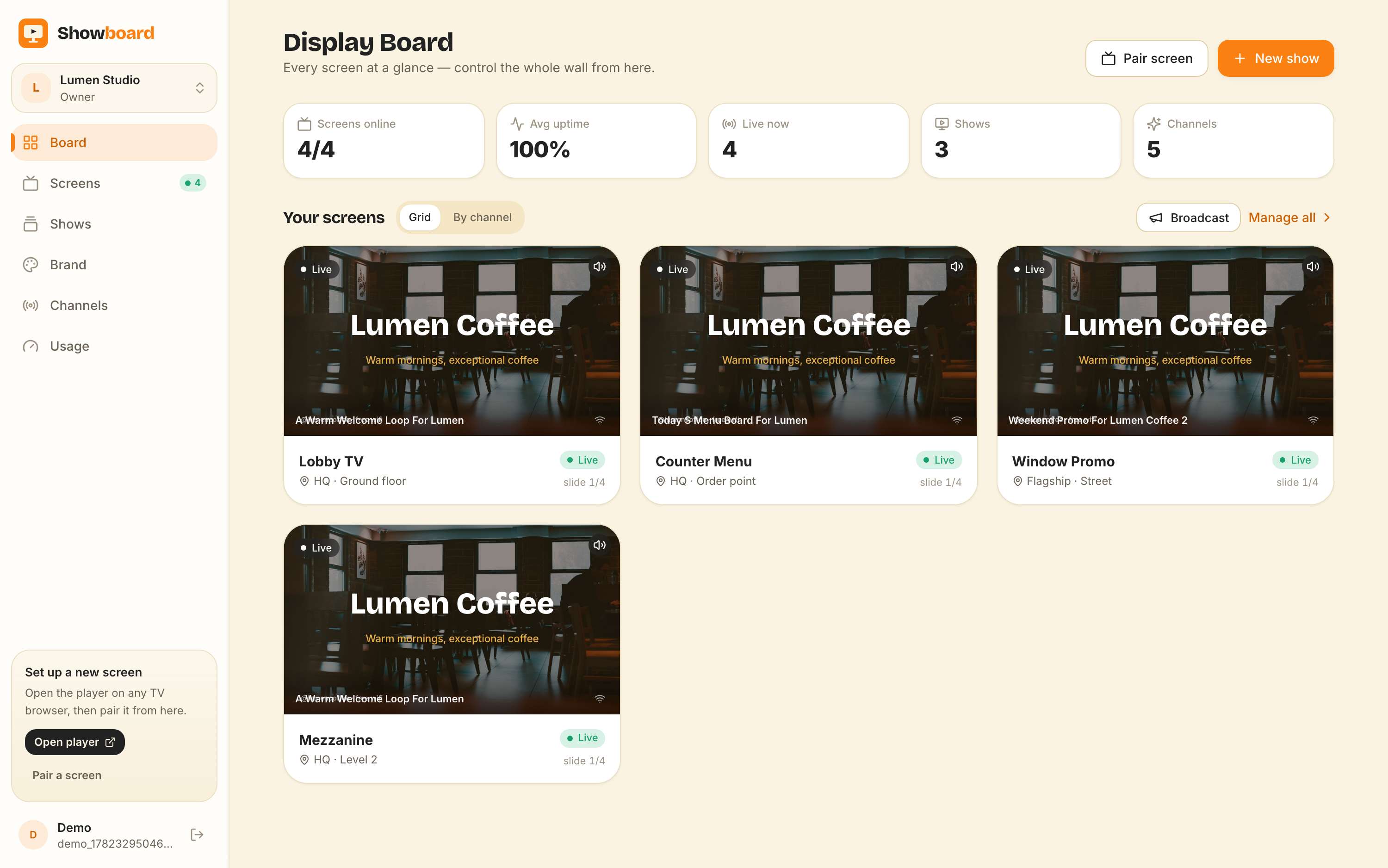 The ChannelOS display board — every paired screen with a live preview, status and one-tap controls