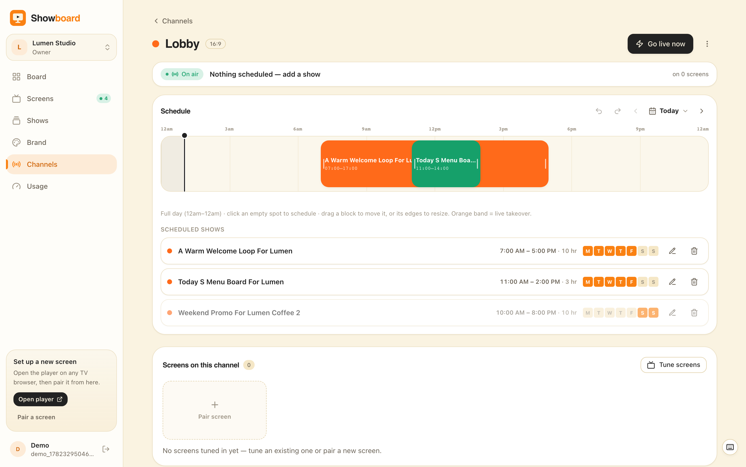 A channel's broadcast timeline with scheduled shows and a now playhead