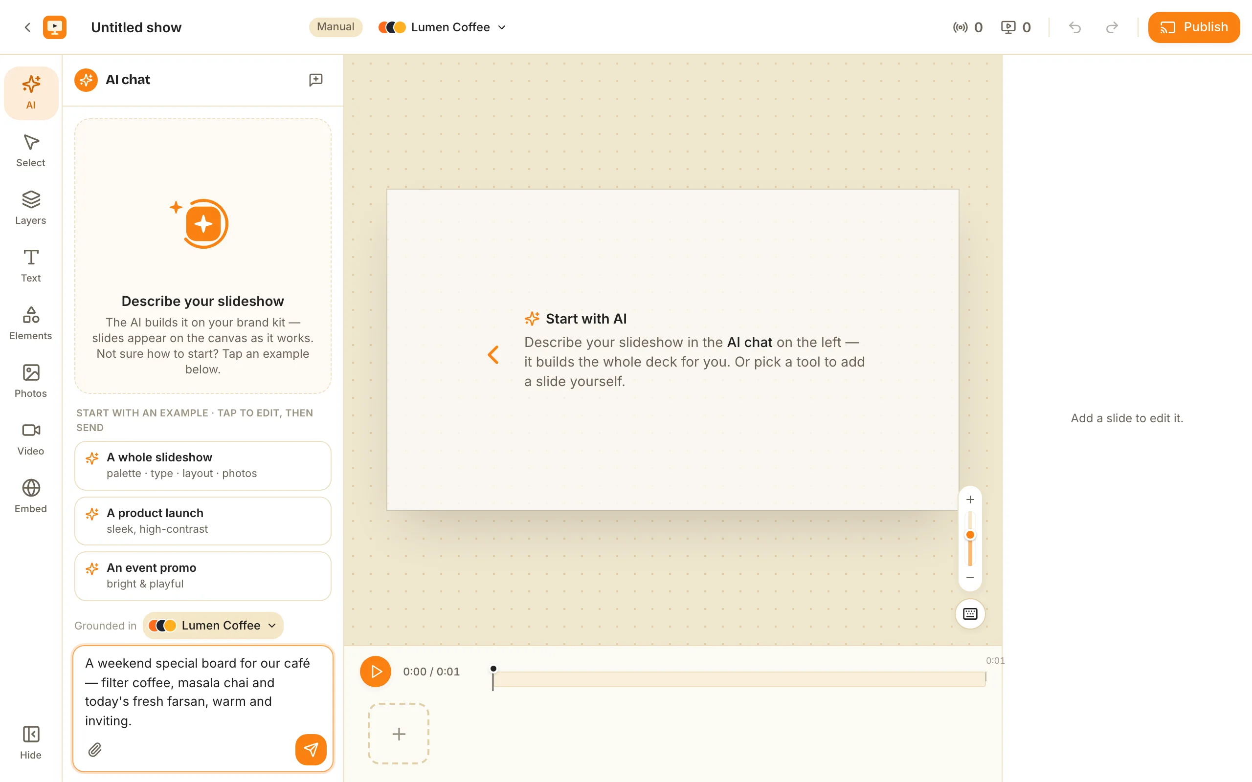 The in-editor AI chat, grounded in a brand kit, ready to build a show