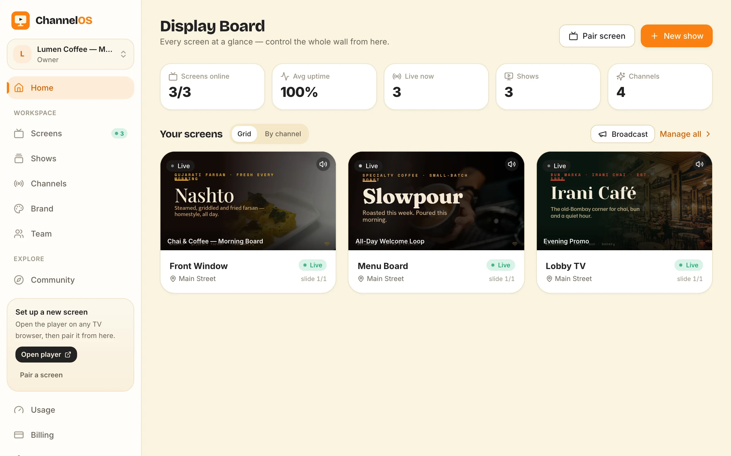 The ChannelOS Display Board showing three café TVs live at a glance