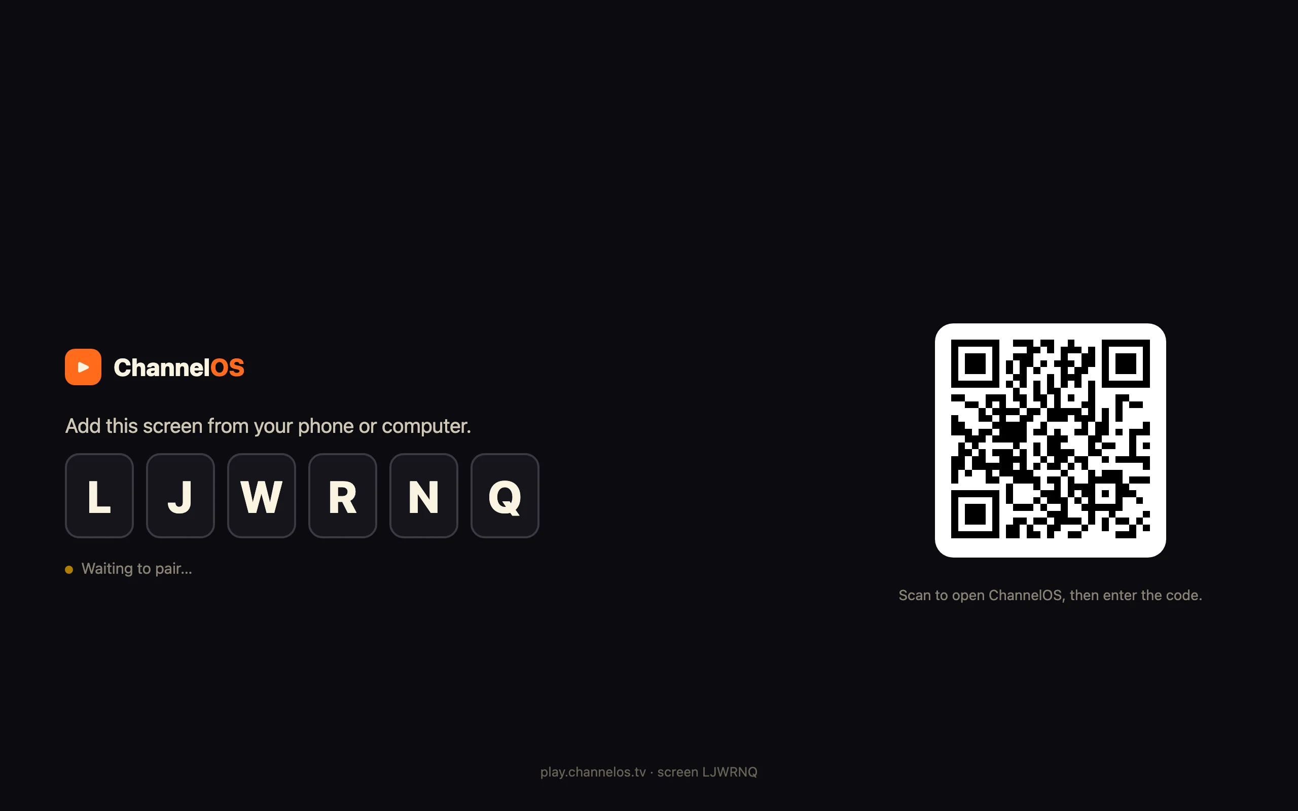 Pairing a TV in ChannelOS by scanning the on-screen code from a phone