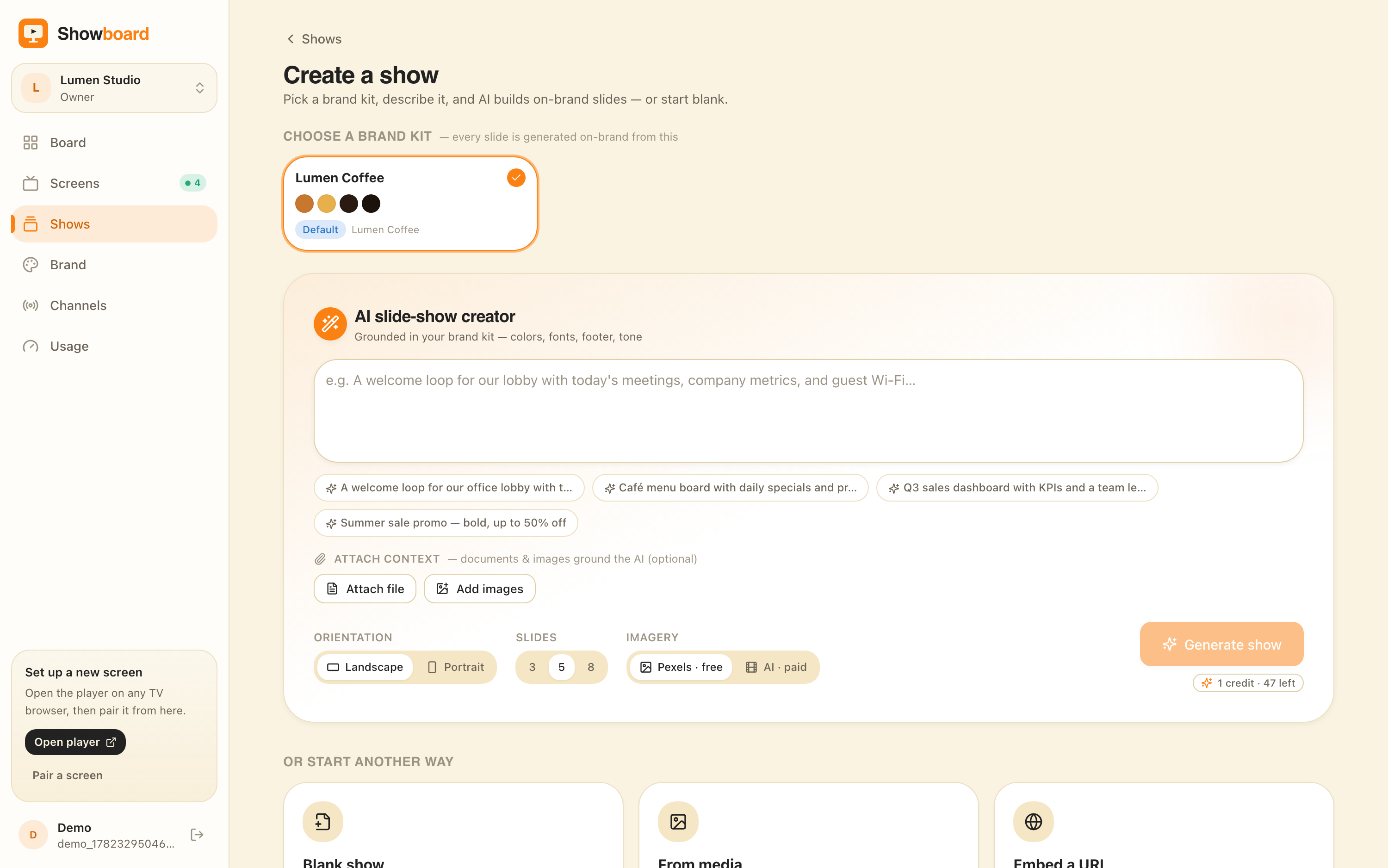AI new-show creator with subject, goal and theme chips