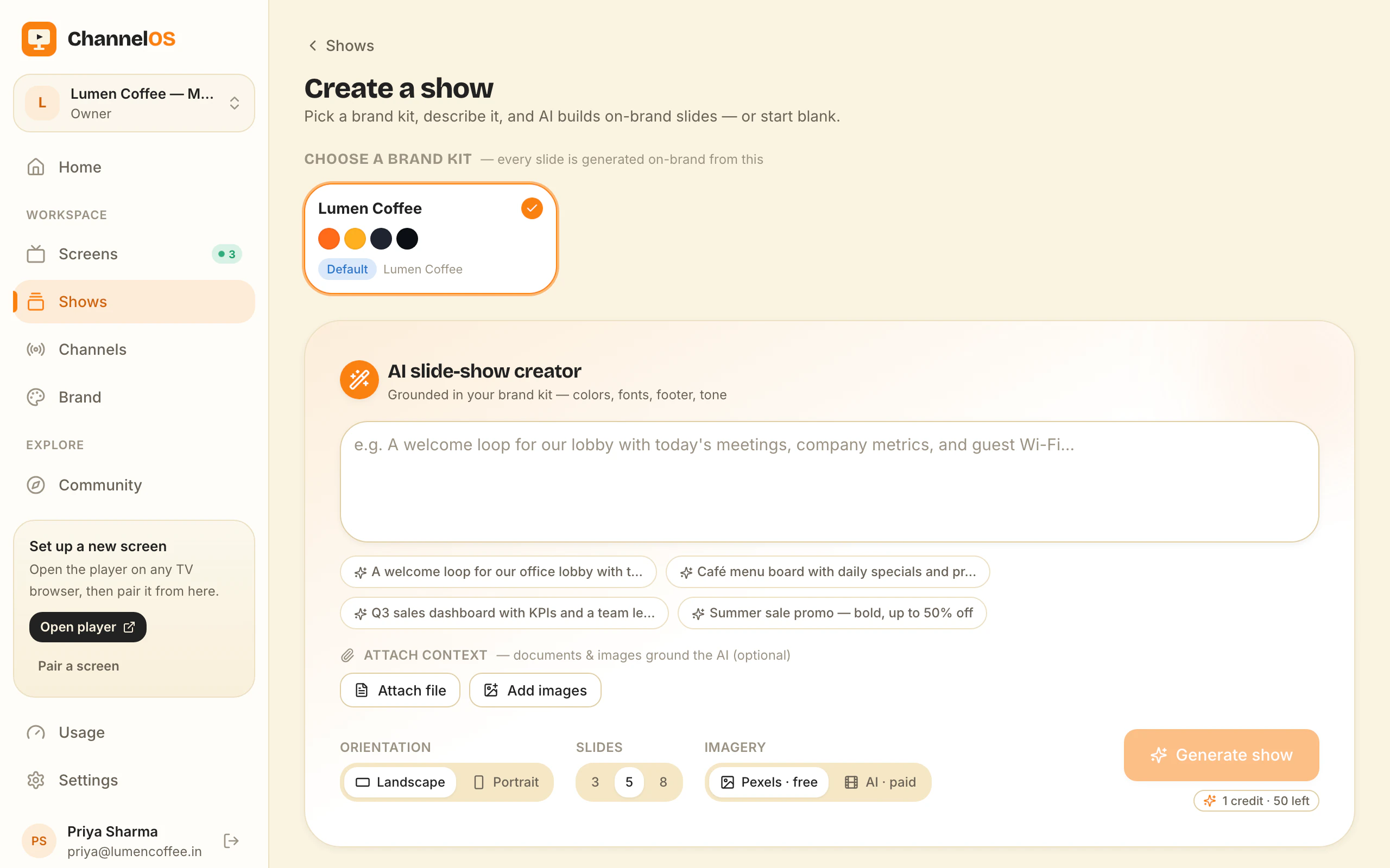 AI new-show creator with subject, goal and theme chips